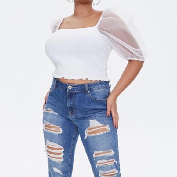 Forever 21 Tops - White Smocked Organza-Sleeve Top (3X)